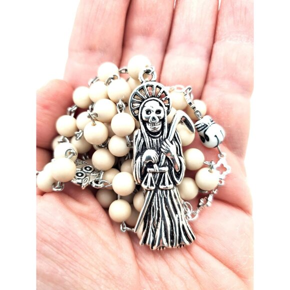 Handmade Natural Fossil Stone Bead Santa Muerte Rosary Holy Death Amulet Devotee - Picture 4 of 12